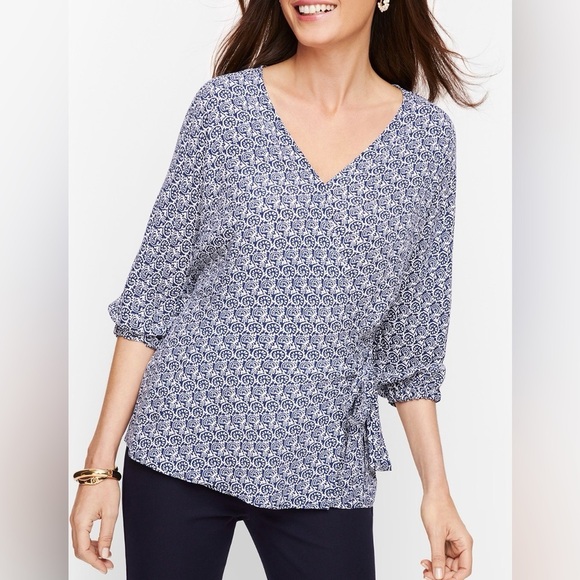 Talbots Tops - Talbots Petite M Navy Blue Print Faux Wrap V-Neck Viscose Blouse Hip Length